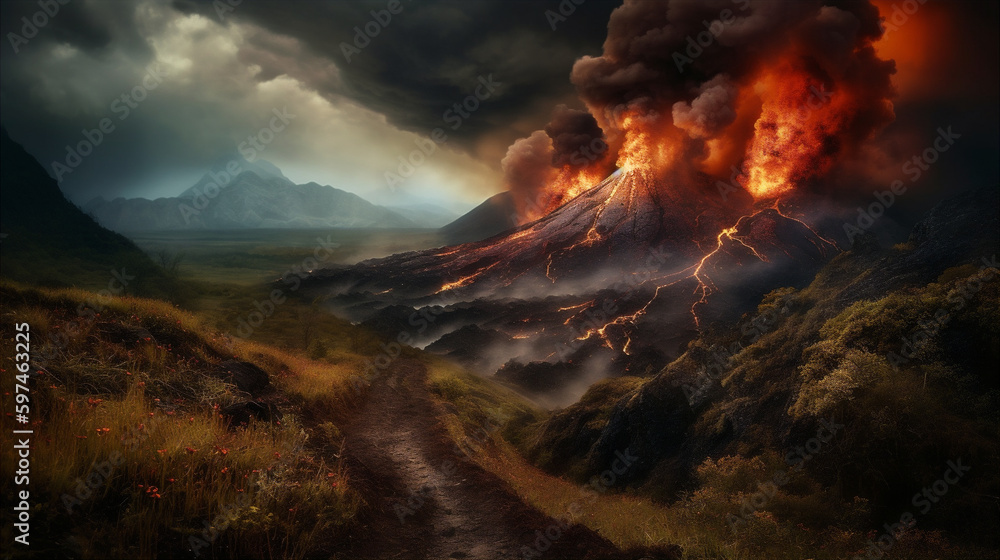 Fototapeta premium Volcano dark fantasy mountain landscape with fire in hills. AI generated.