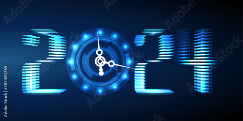 Celebration of the Happy New Year 2024 with a blue light abstract on a futuristic technology background, featuring a countdown concept. The clock hands are rotatable. Vector.