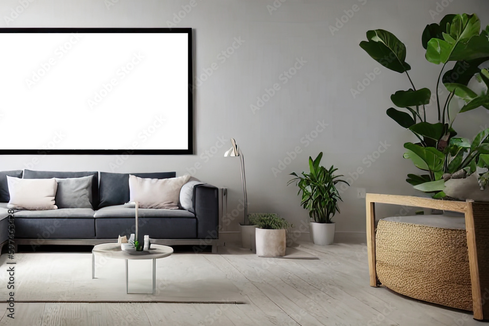 Interior design of a greenish grey living room with blank black poster mock up frame. Stylish home decor, grey couch, wall mockup template. Interior design of a greenish grey living room with blank black poster mock up frame. Stylish home decor, grey couch, wall mockup template.