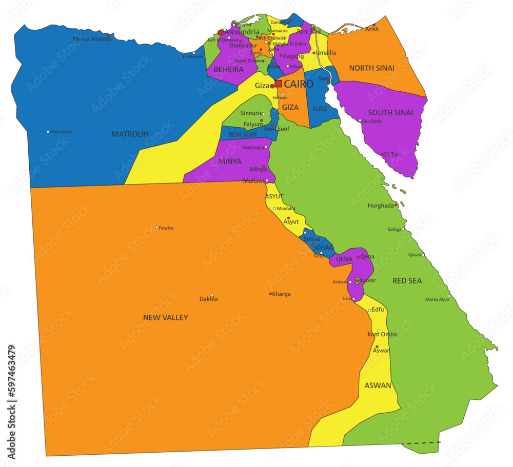 Colorful Egypt political map with clearly labeled, separated layers