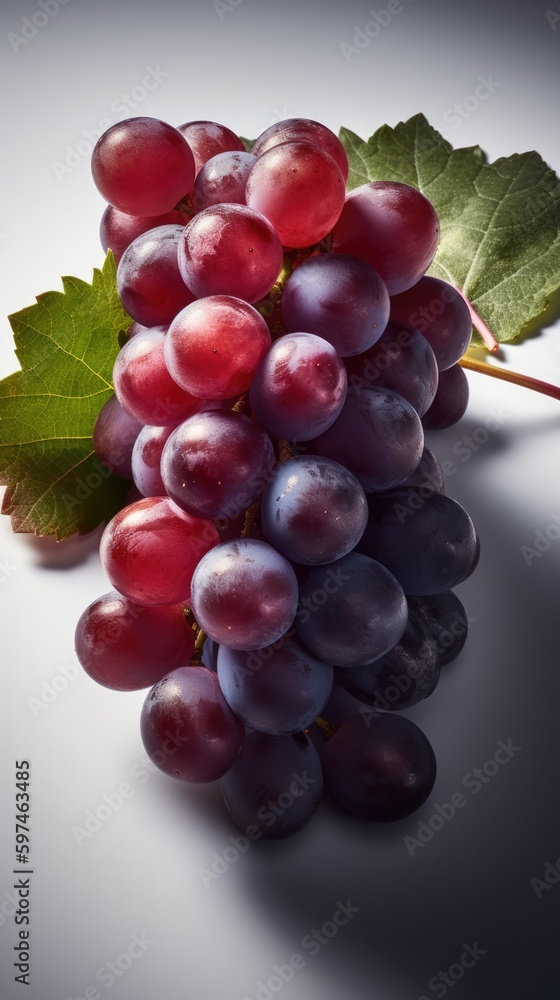 Fototapeta premium Grapes and leaf on a white background, close-up, selective focus. generative Ai