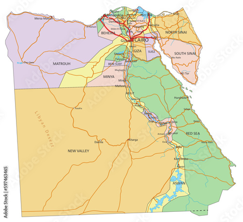 Egypt - Highly detailed editable political map with labeling.