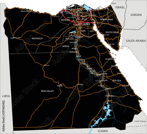 High detailed Egypt road map with labeling.