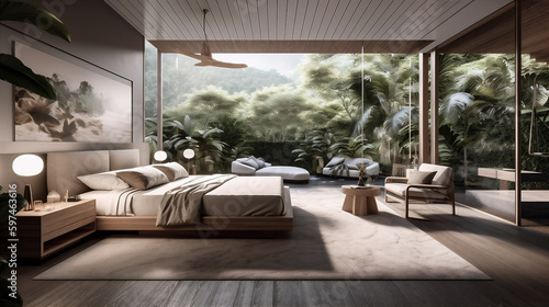 Modern luxury light bedroom in tropical style. AI generated. © Oksana Kumer