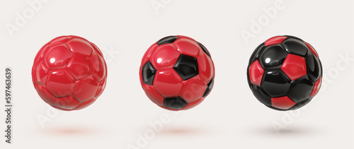 Red and black glossy football balls isolated design elements on white background. Colorful soccer balls collection. Vector 3d design elements. Sports close up icons.