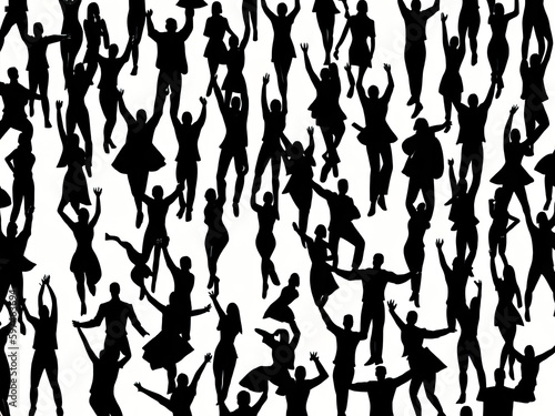 A large group of silhouette people dancing with white background 