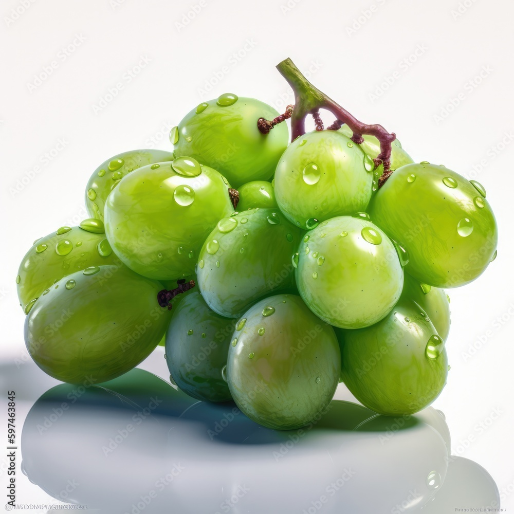 Obraz premium Green grapes with water drops isolated on a white background, close-up. generative AI