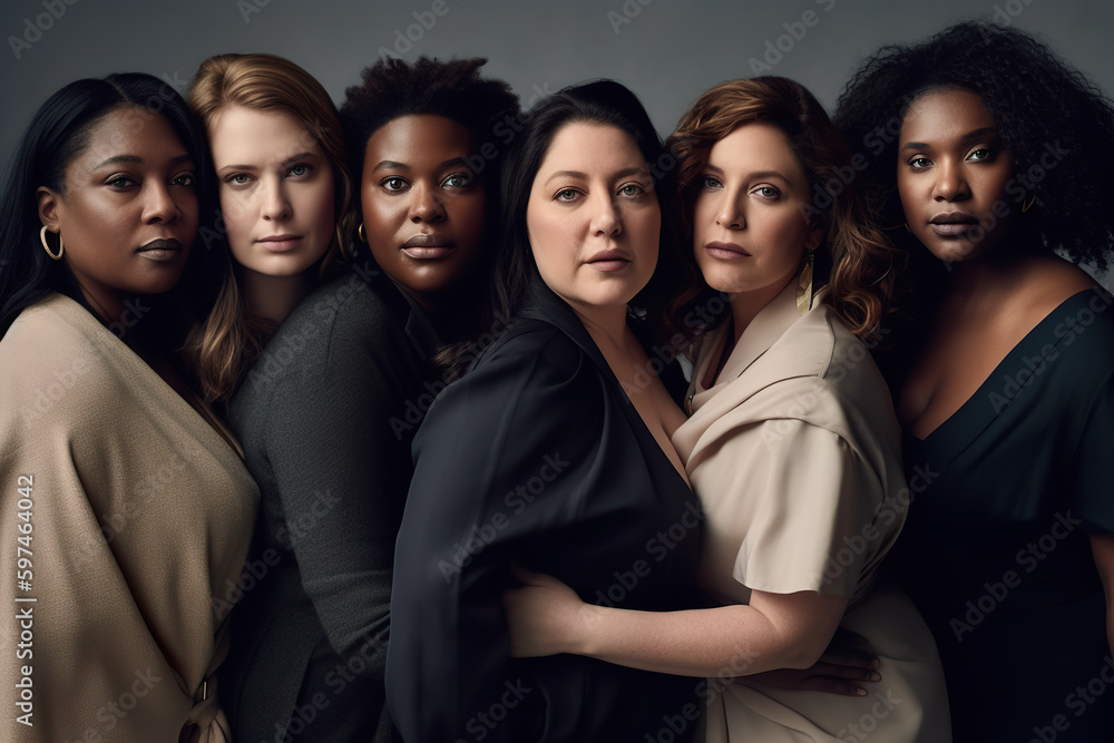 Diverse group of curvy, plus size, active, big, chubby woman standing