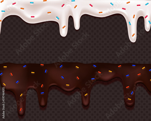 Realistic drip cream drops melt drops with sprinkles. Melted white sweet liquid splashes, glossy cream border with dripping droplets. Seamless pattern. 3d realistic vector