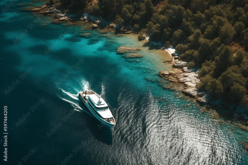 Aerial view of luxury yacht next to mediterranean island paradise. AI generated. Aerial view of luxury yacht next to mediterranean island paradise. AI generated.