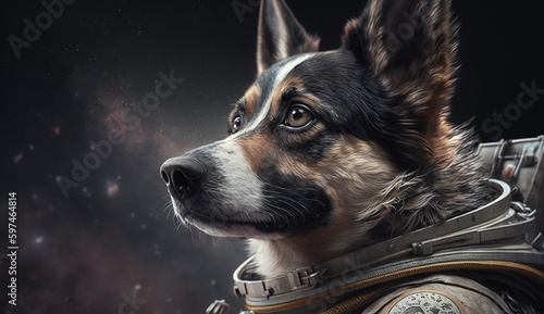 A dog in a space suit with a space background. Generative Ai photo