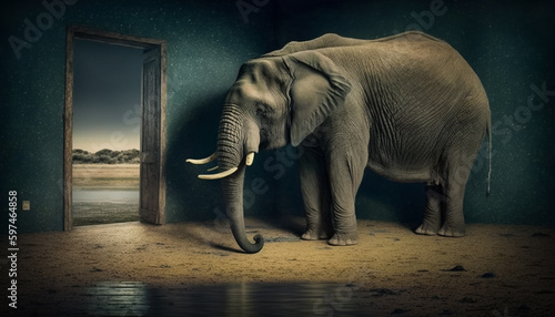 An elephant stands in front of a door that says open on it. Generative Ai