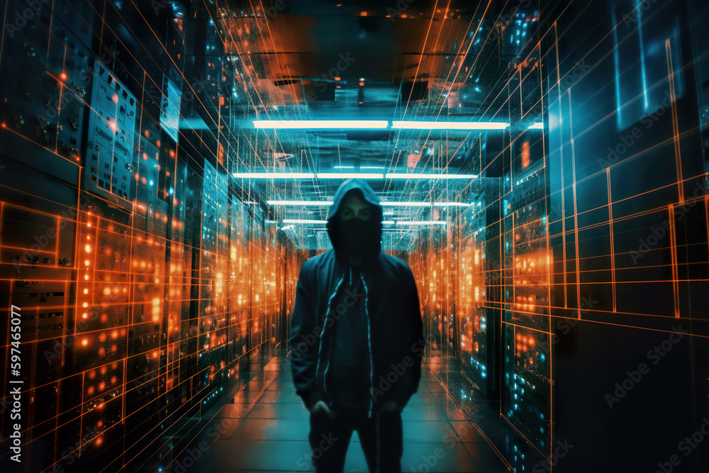 Silhouette of a hacker wearing a hoodie stands in a server room, illuminated by glowing lights, AI generative. Silhouette of a hacker wearing a hoodie stands in a server room, illuminated by glowing lights, AI generative.