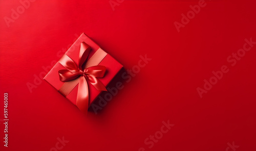 Red Gift Box With Ribbon on Red Background, Top View With Copy Space: AI Generated Image