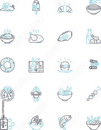 Boulangerie linear icons set. Croissant, Baguette, Patisserie, Tartelette, Pain, Chocolatine, ?clair line vector and concept signs. Cousant,Macaron,Galette outline illustrations Generative AI