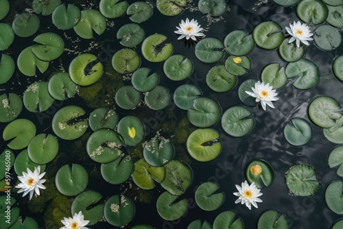 Top view of water Lillies on a lake, created with Generative AI technology