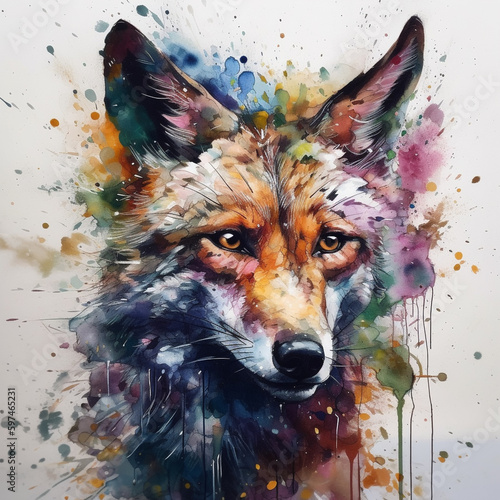 A painting of a fox with a red nose and eyes. Generative Ai © Ayepeid