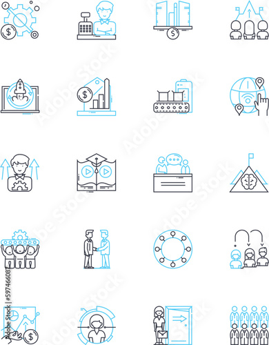 Agency bureau linear icons set. Authority  Business  Contracts  Cooperation  Expertise  Facility  Guidance line vector and concept signs. Institution Intervention Legal outline Generative AI