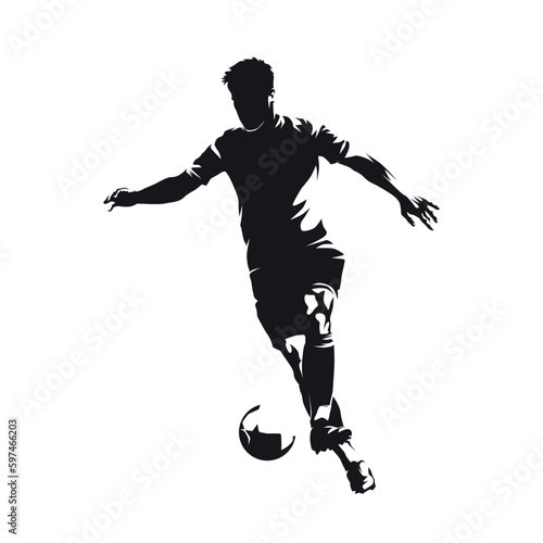 Soccer player running with ball, football player, isolated vector silhouette, ink drawing, front view