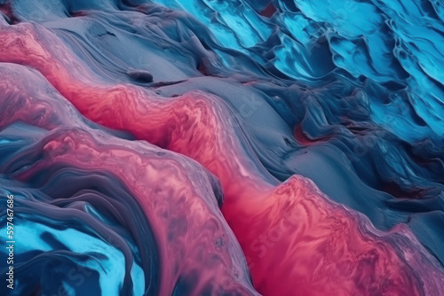 Aerial top view of incredible pink hot volcanic magma flowing on a cold blue glacier, created with Generative AI technology
