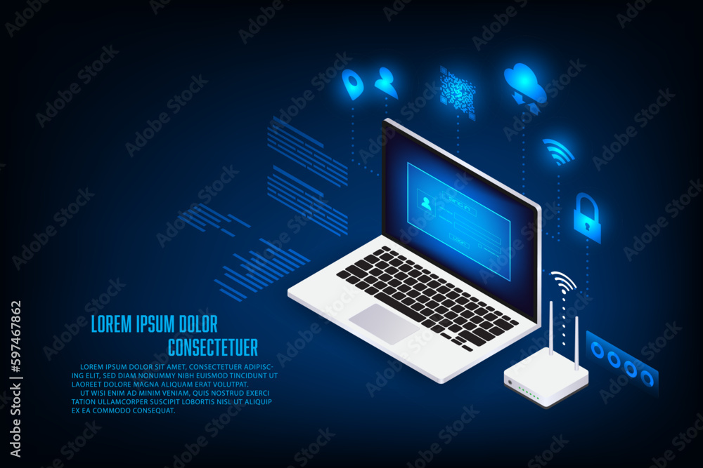 Vector technology wireless fo internet data transfer in digital devices. Isometric laptop and wi-fi router. Vector technology wireless fo internet data transfer in digital devices. Isometric laptop and wi-fi router.