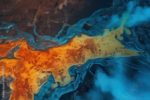 Aerial top view of incredible yellow hot volcanic magma flowing on a cold blue glacier, created with Generative AI technology