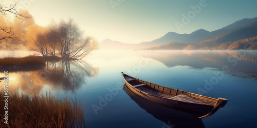 Papier peint Quiet lake before dawn in the mist. Serenity.  digital art