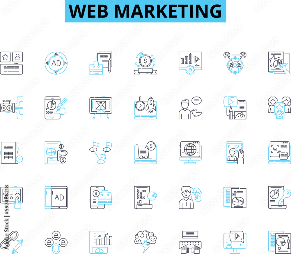Web marketing linear icons set. SEO, PPC, Content, Analytics, Social, Strategy, Conversion line vector and concept signs. Branding,Email,Mobile outline illustrations Web marketing linear icons set. SEO, PPC, Content, Analytics, Social, Strategy, Conversion line vector and concept signs. Branding,Email,Mobile outline illustrations