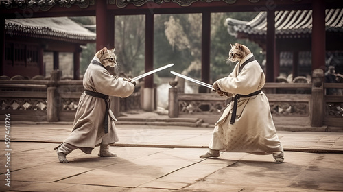 two cats fighting with swords