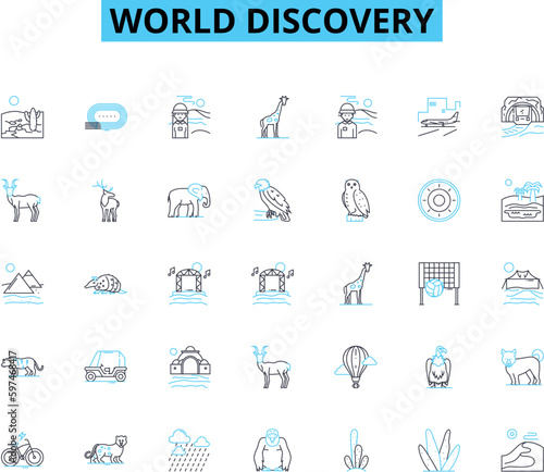 world discovery linear icons set. Exploration, Geology, Biodiversity, Anthropology, Archaeology, History, Ecology line vector and concept signs. Geography,Geopolitics,Linguistics outline illustrations