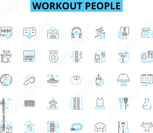 Workout people linear icons set. Fitness, Athletes, Gym-goers, Training, Exercise, Fitness enthusiasts, Sweat line vector and concept signs. Endurance,Strength,Stamina outline illustrations