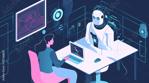 a illustration of a computer screen displaying an AI-powered chatbot conversing with a customer service representative. Ai generated