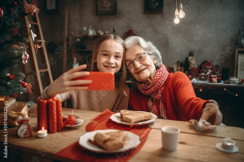 Girl and her grandmather takes selfie. Generative AI photo