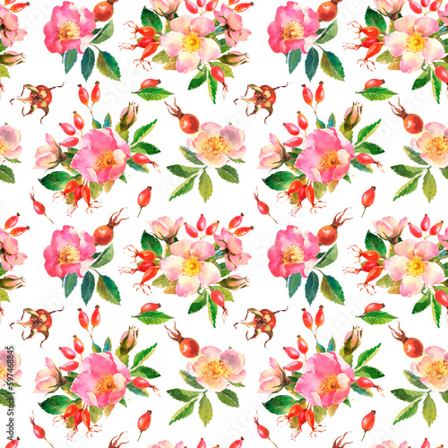 Watercolor illustration. Seamless pattern of rose hips flowers, leaves, berries on a white background. Seamless design of ripe rose hips for fabric, paper, printing. © Brelena