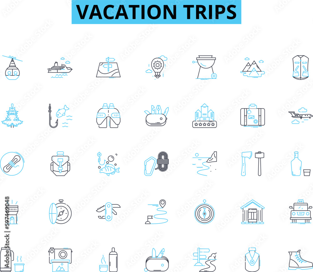 Vacation trips linear icons set. Adventure, Relaxation, Exploration, Nature, Scenery, Culture, Sunbathing line vector and concept signs. Waterfall,Leisure,Beaches outline illustrations Vacation trips linear icons set. Adventure, Relaxation, Exploration, Nature, Scenery, Culture, Sunbathing line vector and concept signs. Waterfall,Leisure,Beaches outline illustrations