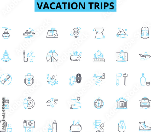 Vacation trips linear icons set. Adventure, Relaxation, Exploration, Nature, Scenery, Culture, Sunbathing line vector and concept signs. Waterfall,Leisure,Beaches outline illustrations