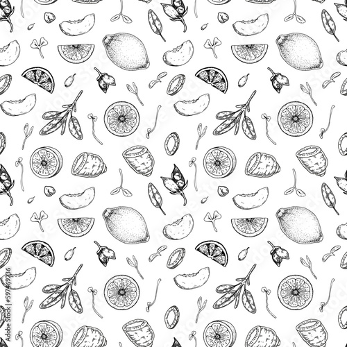 Food seamless pattern. Vector illustration in sketch style. Vintage background for restaurant menu and decoration