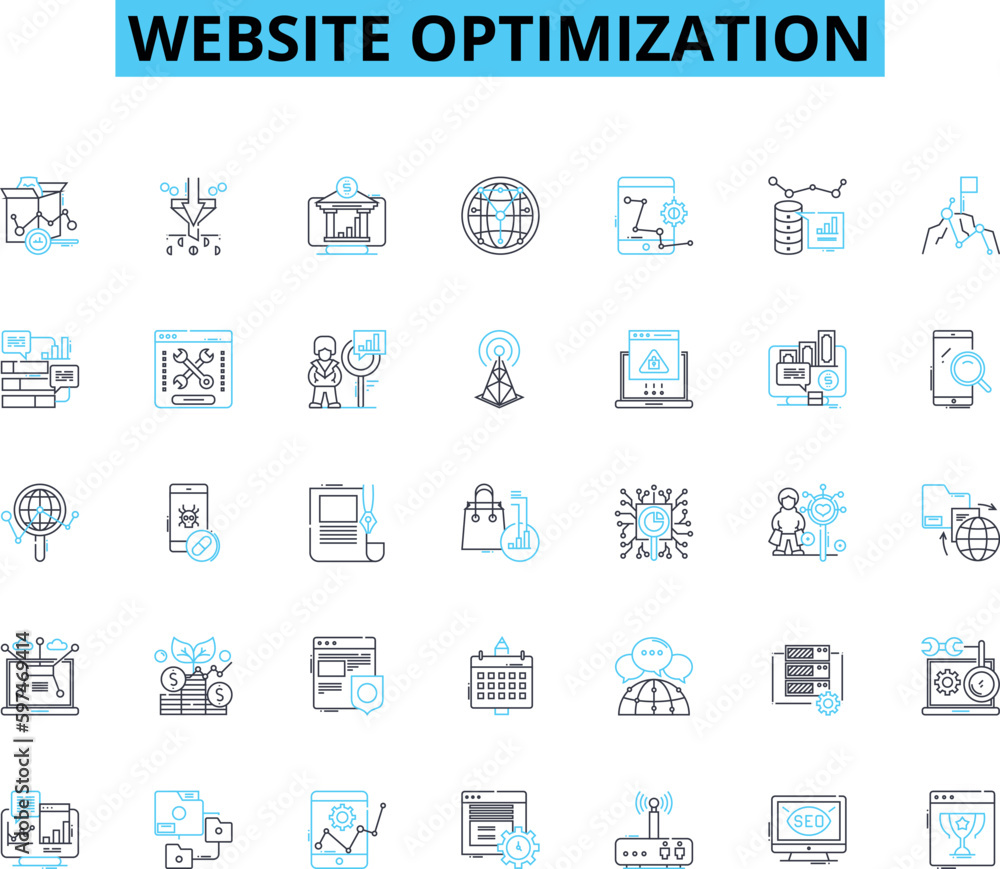 Website optimization linear icons set. Analytics, Conversion, Keywords, Content, Rankings, Meta, Caching line vector and concept signs. Traffic,Linking,Mobile outline illustrations