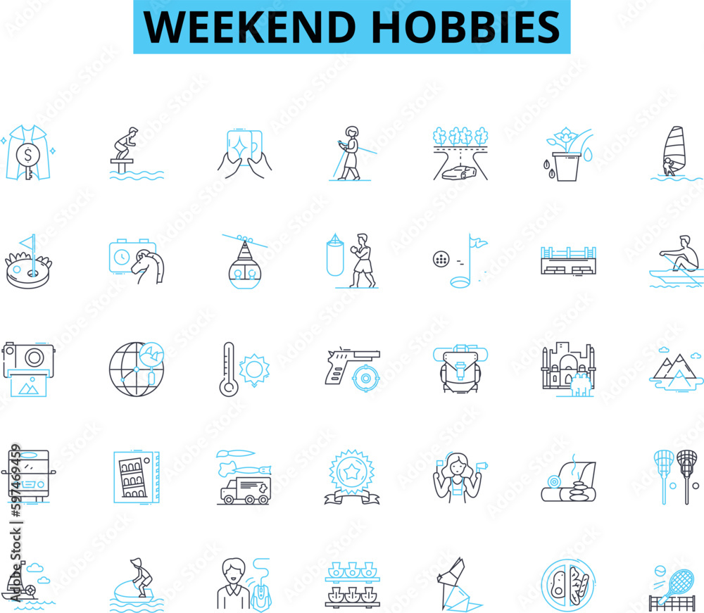 Weekend hobbies linear icons set. Biking, Cooking, Dancing, Drawing, Fishing, Gardening, Hiking line vector and concept signs. Hunting,Painting,Photography outline illustrations