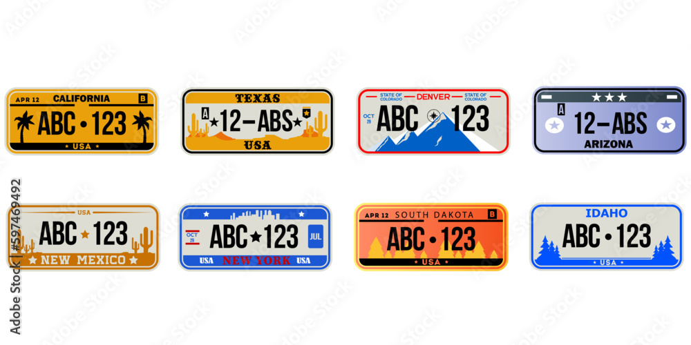 Obraz premium USA license plates. License plates of different states, car license plates on a white background vector eps10 graphic