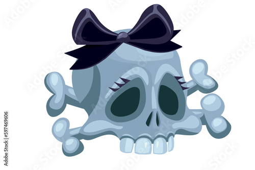 Cartoon human skull girl with black bow. Vector illustration isolated on white background.