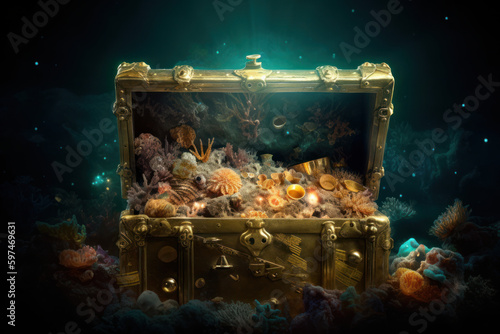 treasure chest in the sea, created with Generative AI technology
