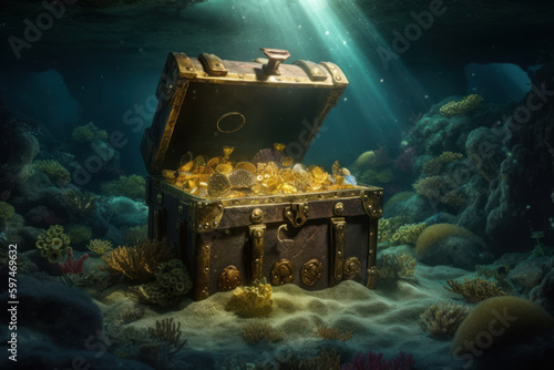 treasure chest in the sea, created with Generative AI technology photo