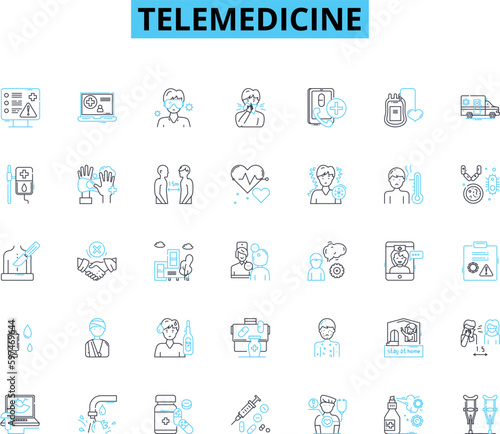 Telemedicine linear icons set. Virtual, Consultation, Diagnosis, Remote, Healthcare, Telehealth, Video line vector and concept signs. Appointment,Mobile,E-consult outline illustrations