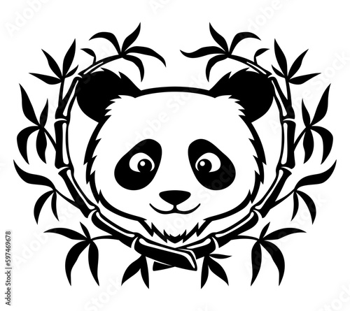 Cute panda in a bamboo wreath on a white background.