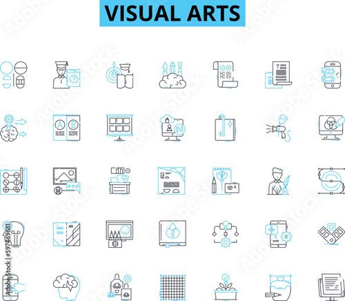 Visual arts linear icons set. Drawing, Painting, Sculpture, Printmaking, Photography, Illustration, Graphic design line vector and concept signs. Typography,Calligraphy,Collage outline illustrations