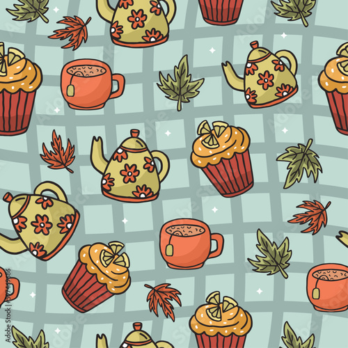 seamless pattern tea time cozy. Design for wrapping, fabric, wallpaper.