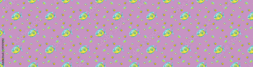 pattern. Set with fish. Sea and river fish. Horizontal image. Banner for insertion into site.