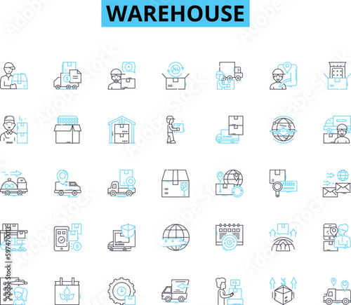 Warehouse linear icons set. Logistics, Distribution, Inventory, Storage, Fulfillment, Pallets, Shipment line vector and concept signs. Loading,Unloading,Crates outline illustrations