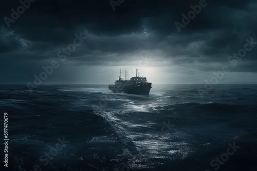 steamship in the dark sea about to drown in bad weather illustration generative ai